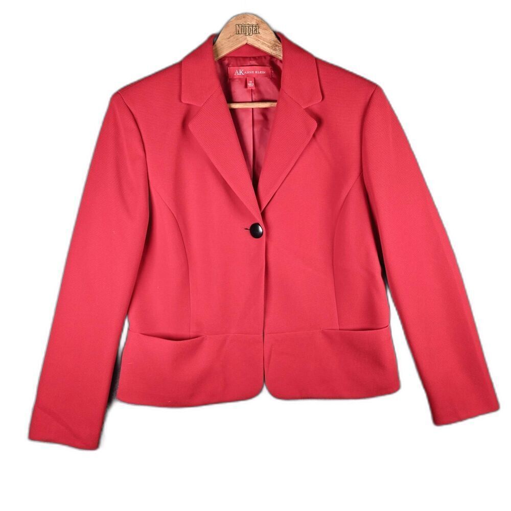 Anne Klein Women Blazer 10 Red Peplum Back One Button Classic Work Jacket Pocket
